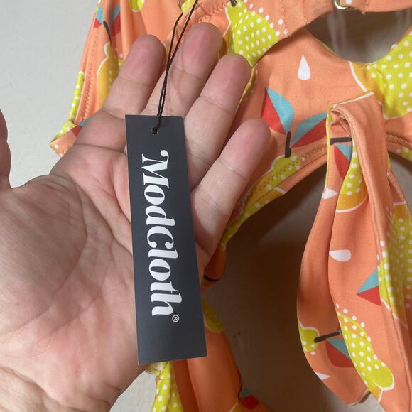ModCloth Plus 1X The Siena One-Piece Swimsuit Pink Yellow Fruit Print Bow Front - Picture 9 of 10